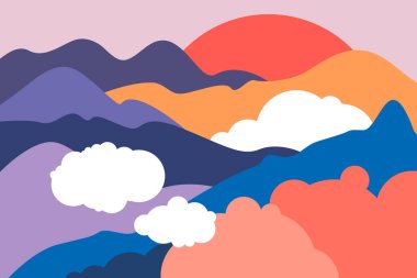 Dağ zirveleri, tepeler, ormanlar ve tarlalar, ayak, yamaçlar, buzullar. Turizm, çevre koruma ve ekoloji temalı yatay poster. Düz bir şekilde vektör illüstrasyonu.