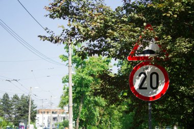 Bir ağacın dalları arasında gizlenmiş birkaç trafik işaretine ateş edilmiş.