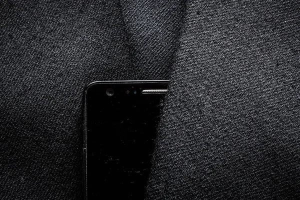 Szekrény Öltöny Textúra Egy Telefon Egy Üzleti Kabát — Stock Fotó