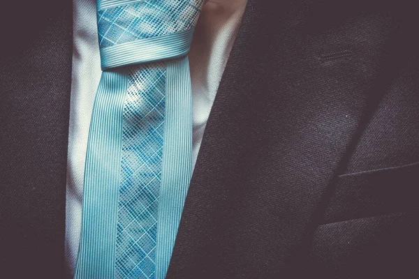 Primer Plano Textura Traje Una Corbata Azul Negocios —  Fotos de Stock