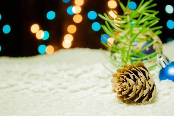 Christmas Background Pine Tree Branches Presents Pine Cones Blue Yellow — Stock Photo, Image
