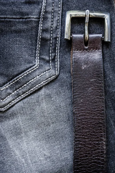 Vertical Jeans Close Background Old Leather Belt — Stock Photo, Image