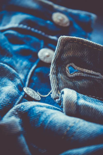 Blauwe Jeans Met Textuur Verticale Close Van Stof — Stockfoto