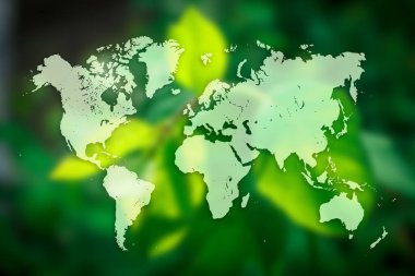 Arka planda yaprak olan dünya haritası. Gezegen konsepti posterini veya broşür tasarımını kaydet