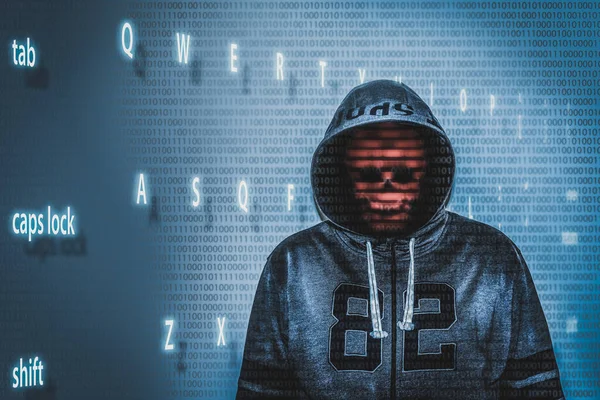 İkili kodlu ve klavyeden mavi harfli bir ekran üzerindeki hacker