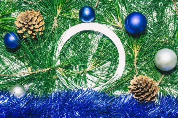 Fond Noël Avec Des Pommes Pin Décoration Bleue Boules Noël — Photo