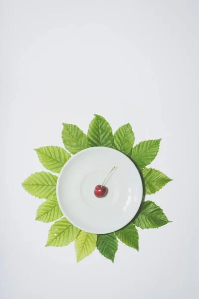 Fundo Cereja Mínimo Fruta Prato Branco Com Folhas Redor Cor — Fotografia de Stock