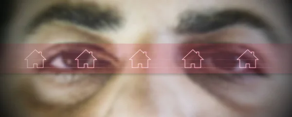Kırmızı Hatta Simgesi Olan Bulanık Gözlere Yaklaş Evini Siber Güvenlik — Stok fotoğraf