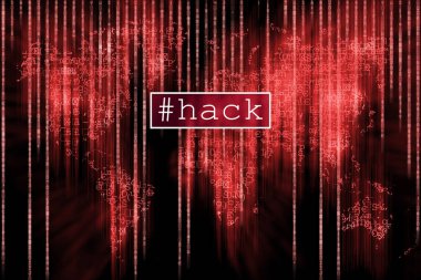 Rastgele karakter ve sayılardan yapılmış kırmızı dünya haritası. Terörizm geçmişini hacklemek