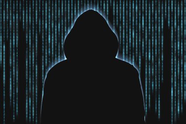 Düşen sayılar ve karakterlerin önünde hacker silueti. Sanal suç kavramı