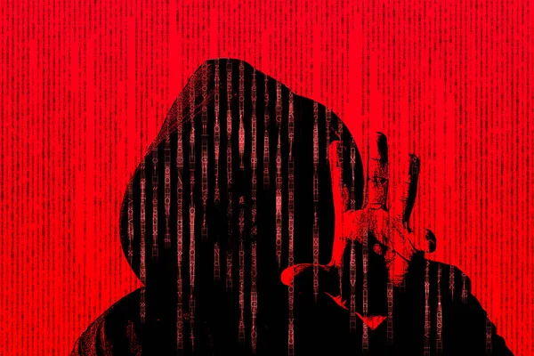 Hacker Konsep Pada Latar Belakang Merah Dengan Tangannya Meraih Sesuatu — Stok Foto