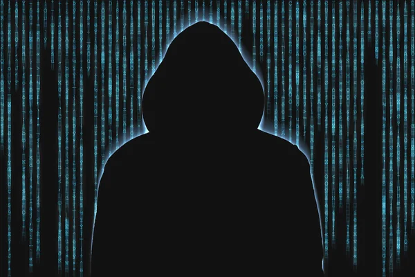 Düşen sayılar ve karakterlerin önünde hacker silueti. Sanal suç kavramı