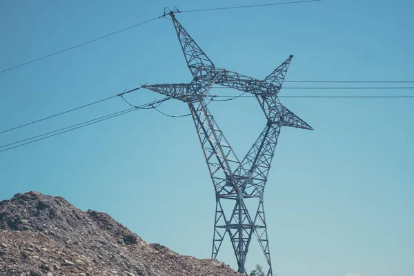 High Voltage Pole Stretched Electric Cables Dirt Mound — Stock Photo, Image