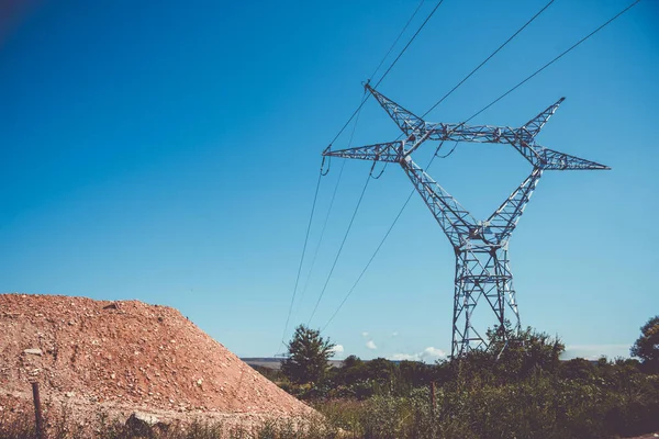 High Voltage Pole Stretched Electric Cables Dirt Mound — Stock Photo, Image