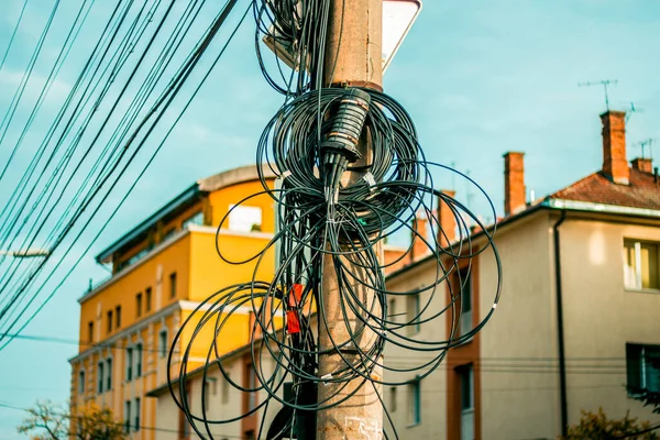 Cable Chaos Sidewalk Pillar City Many Network Wires Pole — Stock Photo, Image