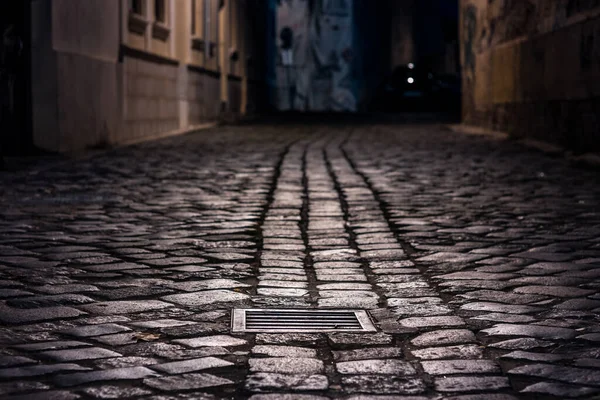 Gece ıslak kaldırım taşlarıyla döşenmiş boş bir sokak sokak lambalarıyla aydınlatılmış ve odak noktası kanalizasyon kapağı olan.