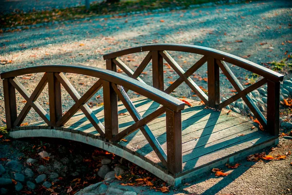 Piękny Drewniany Łukowy Most Nad Rzeką Przepływa Parku Mieście — Zdjęcie stockowe