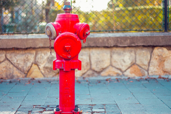 Closeup of a red hydrant placed on a sidewalk in the city. Emergency concept image