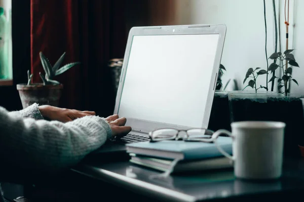 Dizüstü bilgisayarda iki not defteri, bir bardak bardak ve bir fincan kahve ve arka planda yeşil bir bitki olan genç eller online alışveriş için veya evden çalışmak için görüntüyü kavrayabilir.