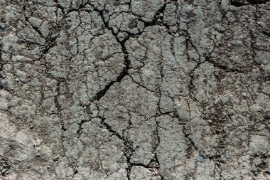 Yağmur ve su eksikliği içindeki büyük çatlaklarla çok kuru bir zeminin yakın çekimi. Sert detaylı yüzeyi olan engebeli bir arazi. Yeryüzünün kayalık dokusuyla doğal arkaplanı