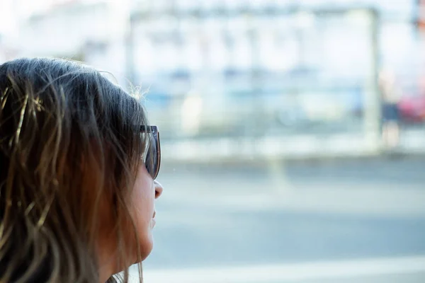 Young Woman Sunglasses Looking Out Window Sad Girl Sitting Silence — Stock Photo, Image
