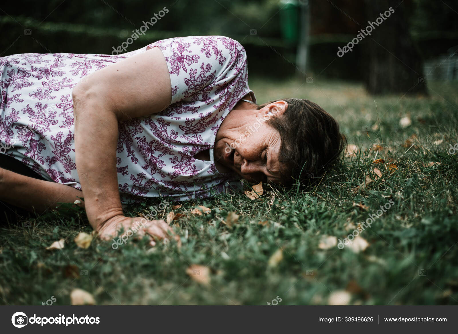 Senior Falling Ground Old Woman Laying Ground Being Pain Trying Stock