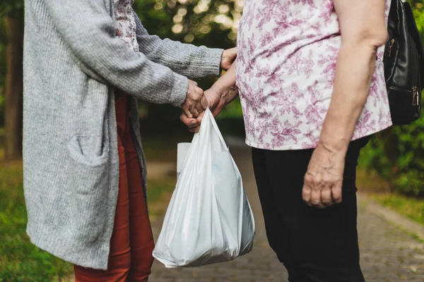 Young woman helping senior with bag in the park on a sunny day. Female caring for elderly people. Beautiful and respectful gesture made for the others