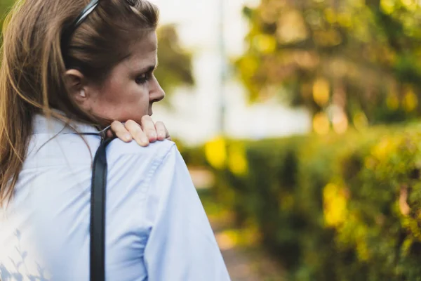 Young Woman Holding Painful Shoulder While Carrying Heavy Purse Outdoors — Stock Photo, Image