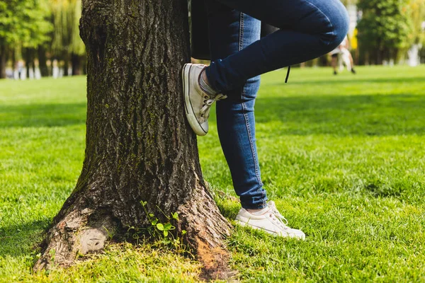 Parkta Ağaca Yaslanırken Spor Ayakkabı Kot Giyen Bir Adam Çimlerin — Stok fotoğraf