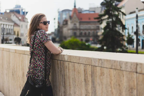 Woman Admiring Cityscape While Standing Stone Riling Beautiful Young Female — Stock Photo, Image