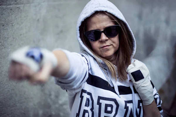 Smiling Strong Female Fighter Wearing Sunglasses Urban Scenery Pretty Young — Stock Photo, Image
