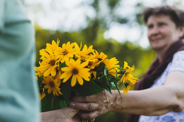 Pessoa Dando Flores Amarelas Livre Dia Ensolarado Mulher Oferecendo Buquê — Fotografia de Stock