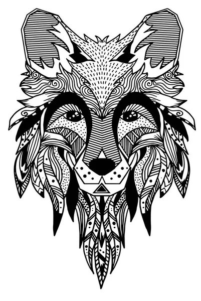 Fox. Etnik çiçek doodle desenle çizilmiş. Beyaz bir arka plan üzerinde boyama sayfası - zendala, yetişkinler, vektör çizim, ruhsal rahatlama için tasarım izole.