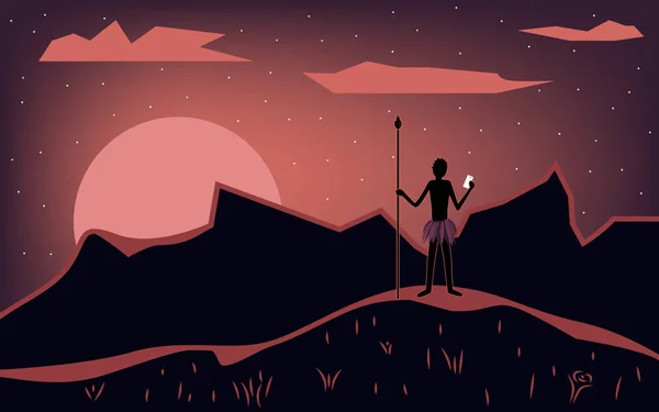 Aborijin elinde bir akıllı telefon ile. Günbatımı sırasında manzara. Vektör çizim.