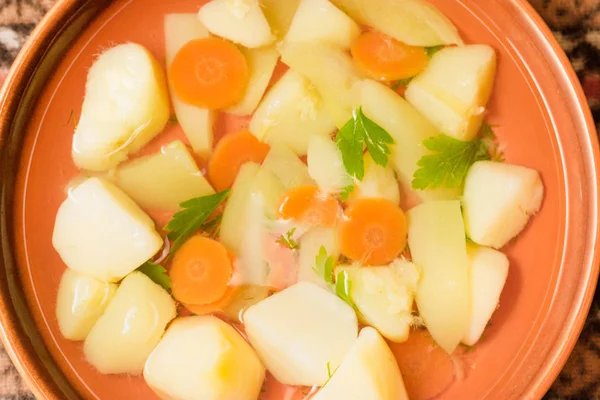 Vegetarisk Soppa Med Grönsaker Lera Skål Ovanifrån — Stockfoto