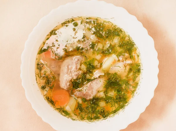 Suppe Mit Hühnerinnereien Einer Weißen Schüssel Von Oben — Stockfoto