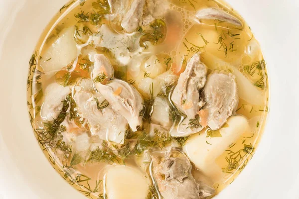 Suppe Mit Hühnerinnereien Und Gemüse Weißer Schüssel Großaufnahme Ansicht Von — Stockfoto