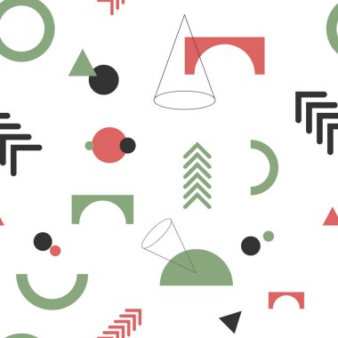 Beyaz zemin üzerinde kırmızı, yeşil ve siyah geometrik elementlerle renksiz desen. Şık, pürüzsüz doku.