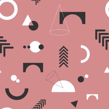 Pembe arka planda siyah ve beyaz geometrik elementlerle renksiz desen. Şık, pürüzsüz doku.