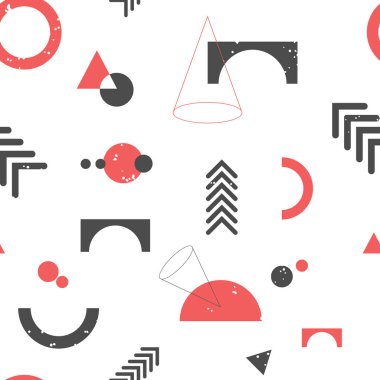 Beyaz zemin üzerinde grunge deseni olan siyah ve kırmızı geometrik elementlerle renksiz desen. Şık, pürüzsüz doku.