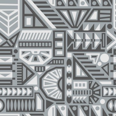 Gri arkaplanda geometrik elementler. Etnik tarzdaki vektörsüz desen.