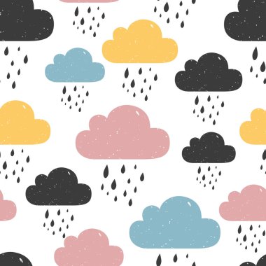 Renkli yağmurlu bulutlarla kusursuz bir desen. Vektör illüstrasyonu