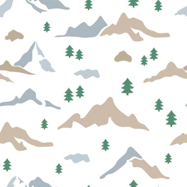 Renkli dağlar ve beyaz arka planda ağaçlar. Vektörsüz desen.