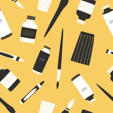 Sarı arka planda siyah beyaz sanat malzemeleri. Vektörsüz desen