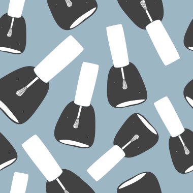 Mavi arka planda siyah beyaz tırnak cilası şişeleri olan kusursuz bir desen.