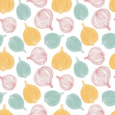 Beyaz arka planda rengarenk soğanlar. Vektörsüz desen.