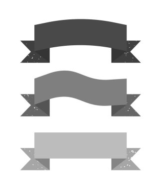 Beyaz arka planda gri kurdeleler. Grunge desenli kurdelelerin düz vektör çizimi. 