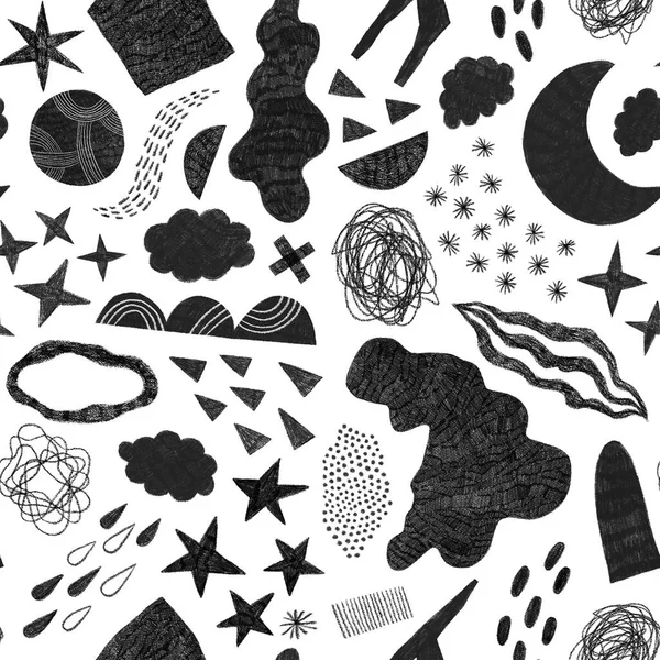 Met Hand Getekende Zwarte Elementen Witte Achtergrond Monochroom Naadloos Patroon — Stockfoto