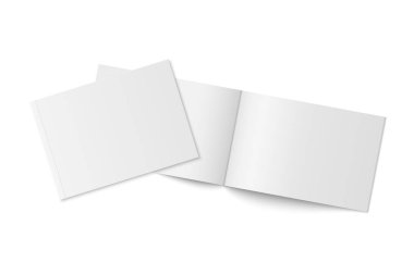Vektör mockup izole yumuşak kapaklı iki ince kitap. Gri yatay dergi, broşür veya broşür şablonu açılabilir ve beyaz arka plan üzerinde kapalı. tasarımınız için 3D çizim