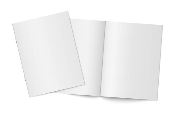 Vector mockup of two thin books with soft cover isolated. Gray vertical magazine, brochure or booklet template opened and closed on white background. 3d illustration for your design